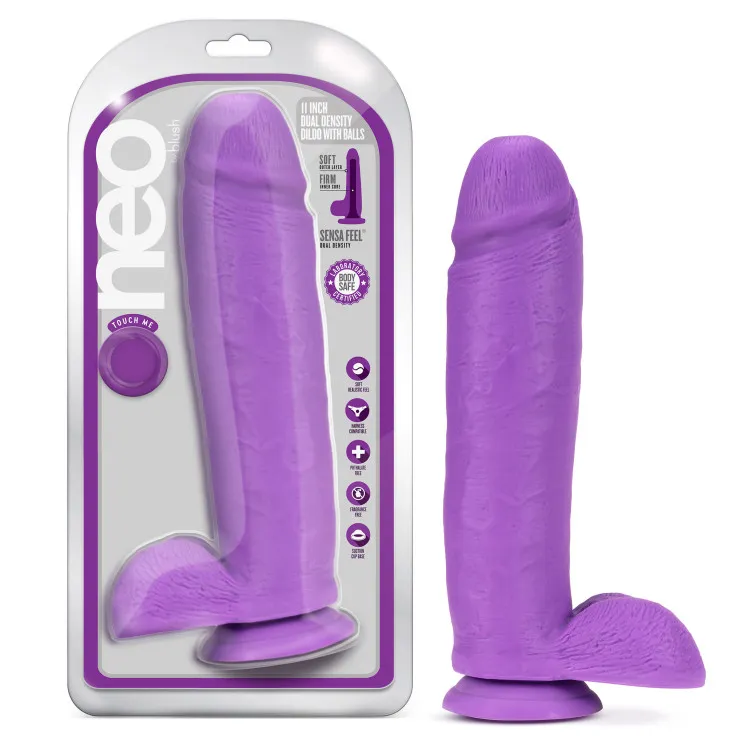 11 in. Dual Density Realistic Dildo with Balls Neon Purple