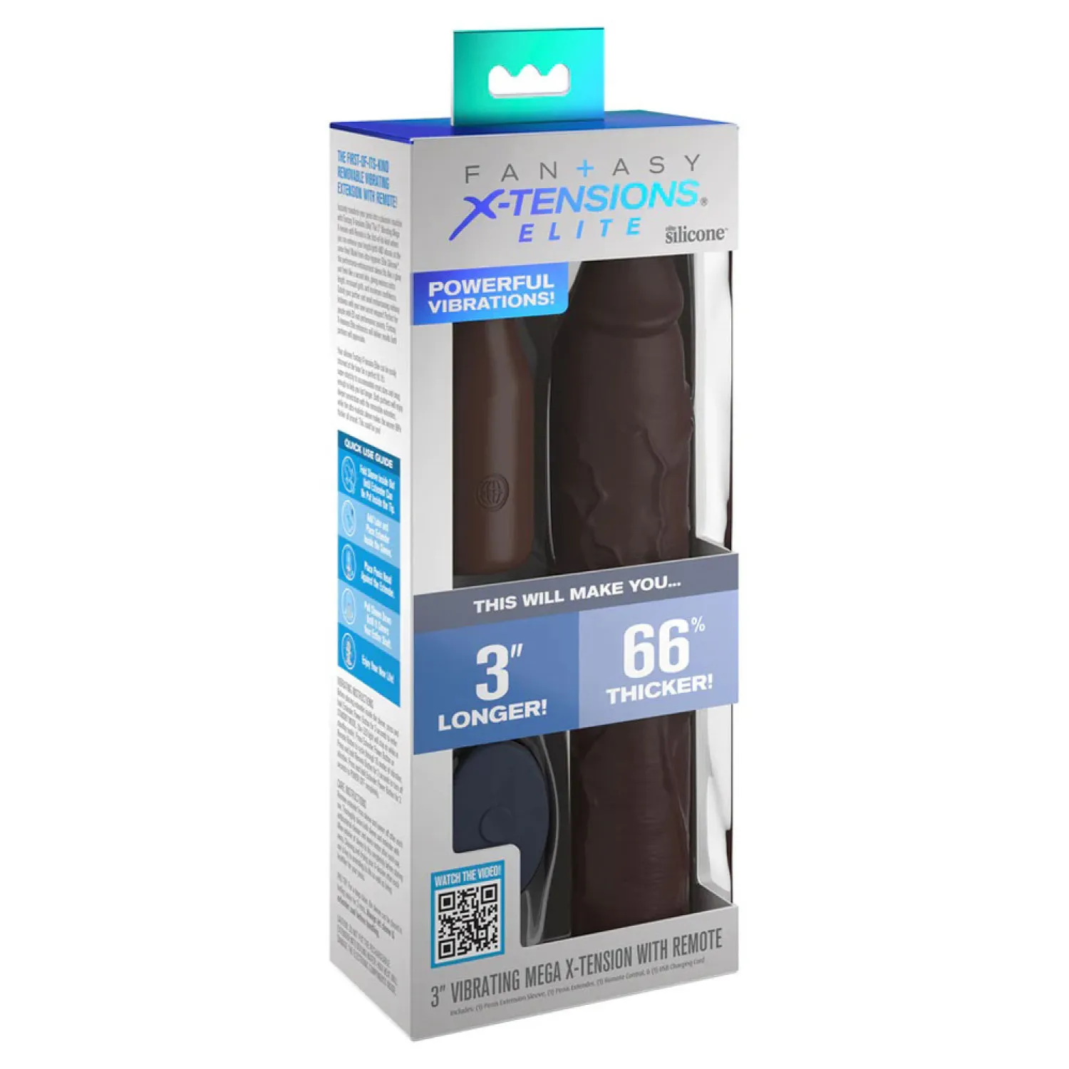 X-tensions Elite 9 in. Silicone Mega Extension Sleeve with Remote-Controlled 3 in. Vibrating Extender Brown