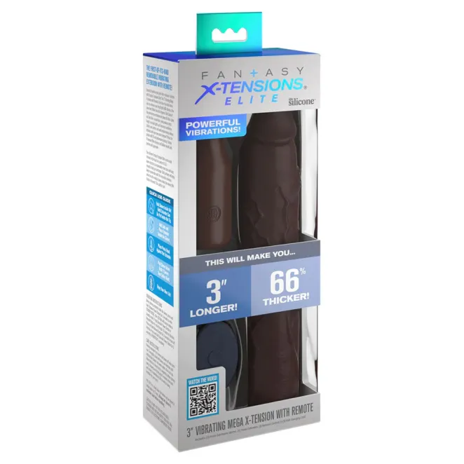 X-tensions Elite 9 in. Silicone Mega Extension Sleeve with Remote-Controlled 3 in. Vibrating Extender Brown