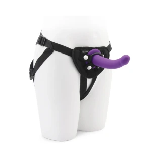 Together Tilt 7 in. Vibrating Silicone Dildo & Strap-On Harness Set Purple