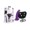 Together Tilt 7 in. Vibrating Silicone Dildo & Strap-On Harness Set Purple