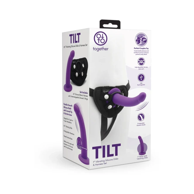 Together Tilt 7 in. Vibrating Silicone Dildo & Strap-On Harness Set Purple