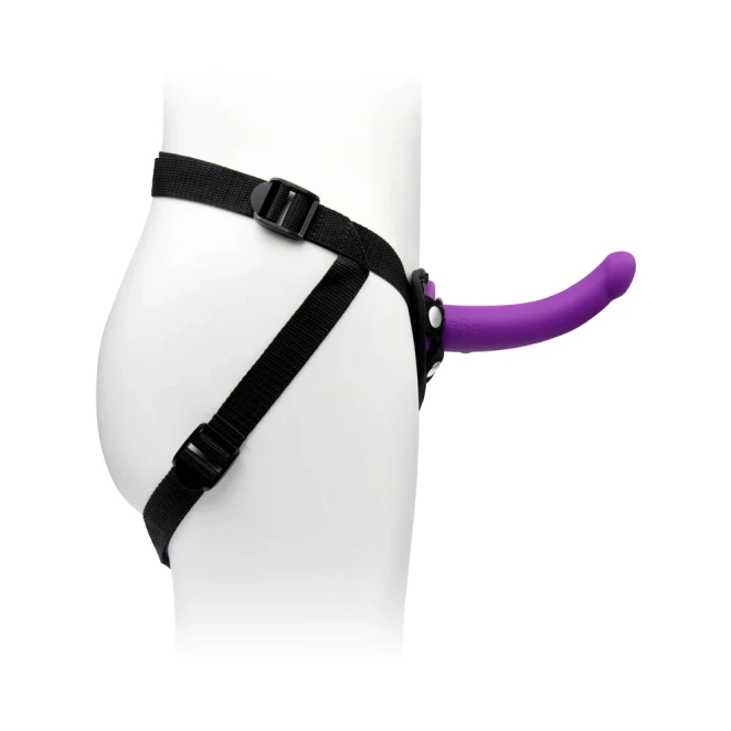 Together Tilt 7 in. Vibrating Silicone Dildo & Strap-On Harness Set Purple