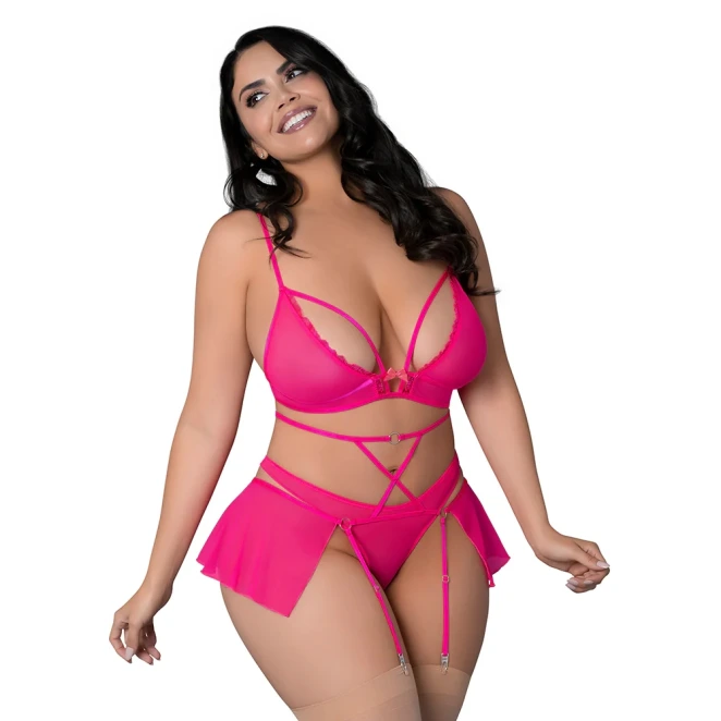 Magic Silk Pink Kink Bralette, High Leg Panty & Garter Skirt Set Pink Glow