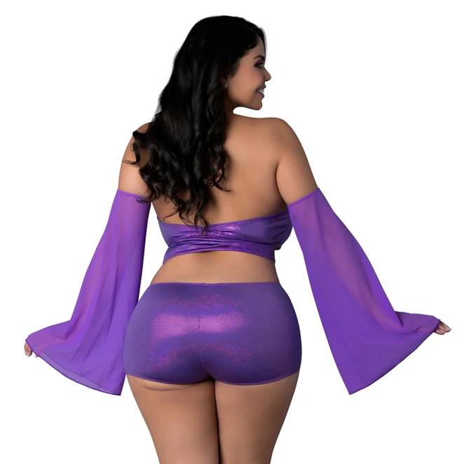Magic Silk Glimmer Wrap Bralette, Booty Shorts & Sleeve Set Purple Disco
