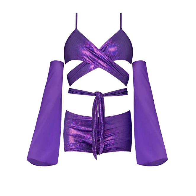 Magic Silk Glimmer Wrap Bralette, Booty Shorts & Sleeve Set Purple Disco