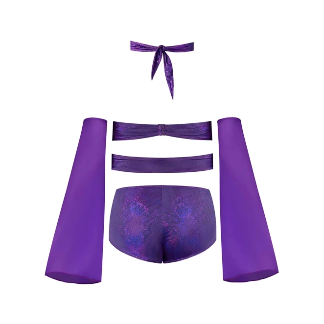 Magic Silk Glimmer Wrap Bralette, Booty Shorts & Sleeve Set Purple Disco