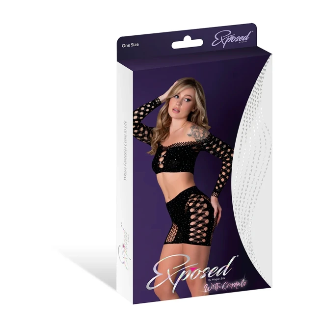 Magic Silk Seamless Crop Top & Short Set Black with Rhinestones