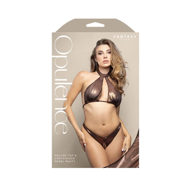 Fantasy Lingerie Opulence Pearl Underbust Halter Top & Adjustable Pearl String Open Panty Chocolate