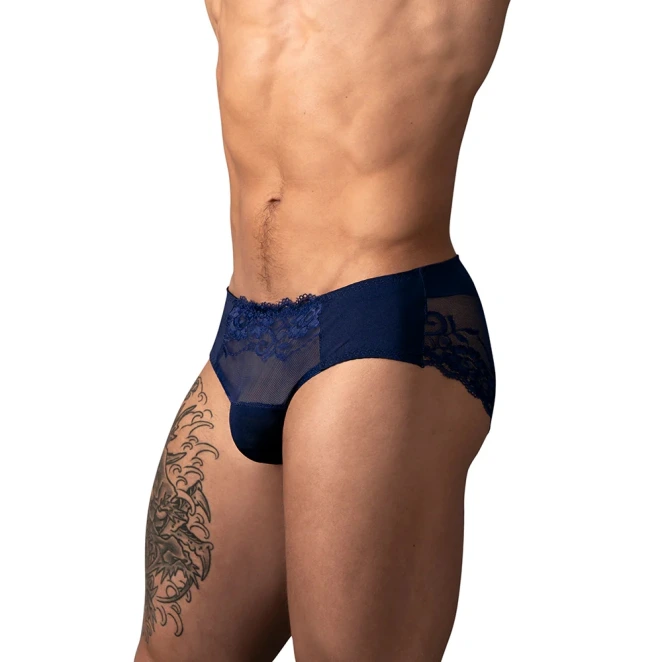 Male Power Sassy Lace Bikini Sold Pouch Navy