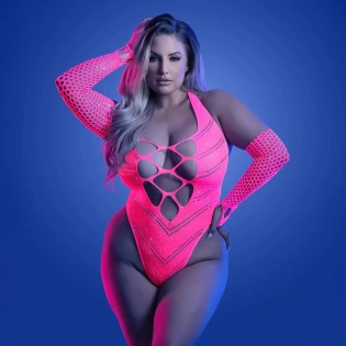 Fantasy Lingerie Glow Flashback UV Rhinestone Fishnet Teddy & Matching Gloves Plus Size