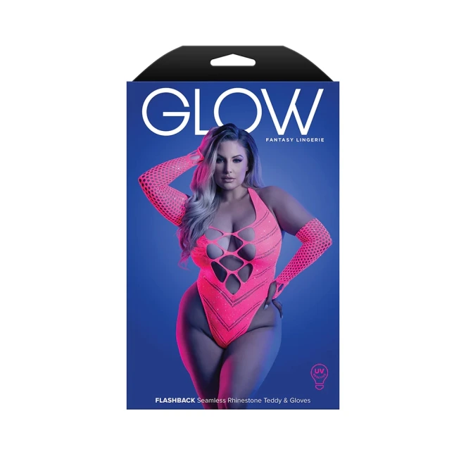 Fantasy Lingerie Glow Flashback UV Rhinestone Fishnet Teddy & Matching Gloves Plus Size