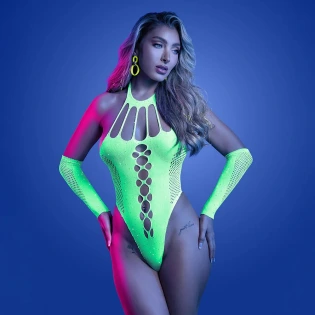 Fantasy Lingerie Glow Pressure Point UV Rhinestone Knit Teddy & Matching Gloves