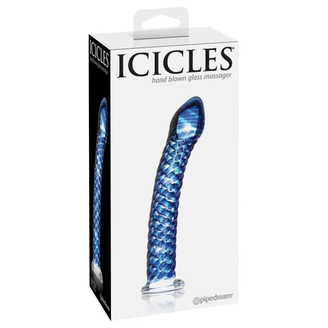 Icicles No. 29 Curved Textured Glass Dildo Clear/Blue