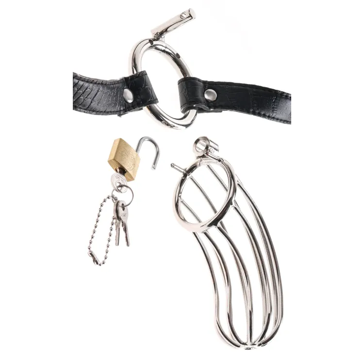 The Prisoner Locking Chastity Belt Cock Cage Silver/Black The Prisoner Locking Chastity Belt Cock Cage Silver/Black