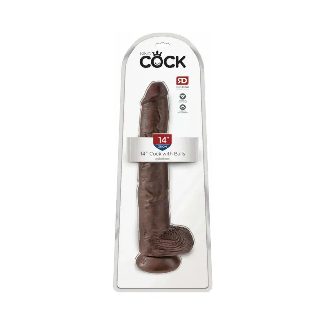 14 Inch King Cock Ultra Realistic Suction Cup Dildo with Balls Brown