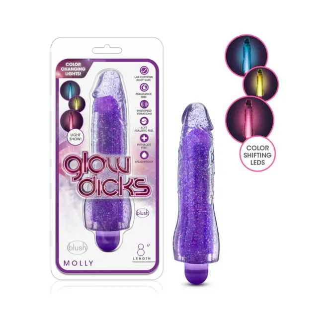 7 Inch Color Changing Vibrating Dildo Glitter Purple