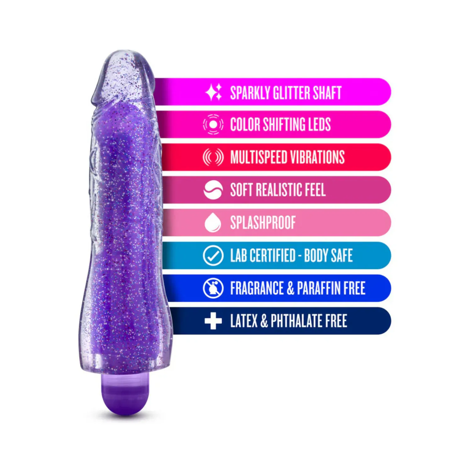 8 in. Color Changing Vibrating Dildo Glitter Purple