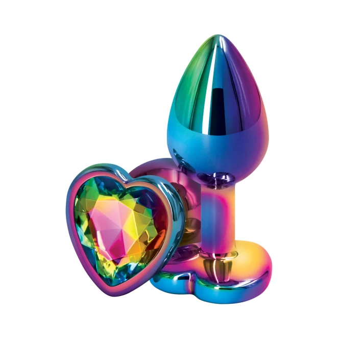 Rear Assets Small Jeweled Rainbow Heart Aluminum Butt Plug 2 Inch