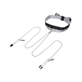 Fifty Shades of Grey Play Nice Satin Collar with Lace Trim & Adjustable Nipple Clamps