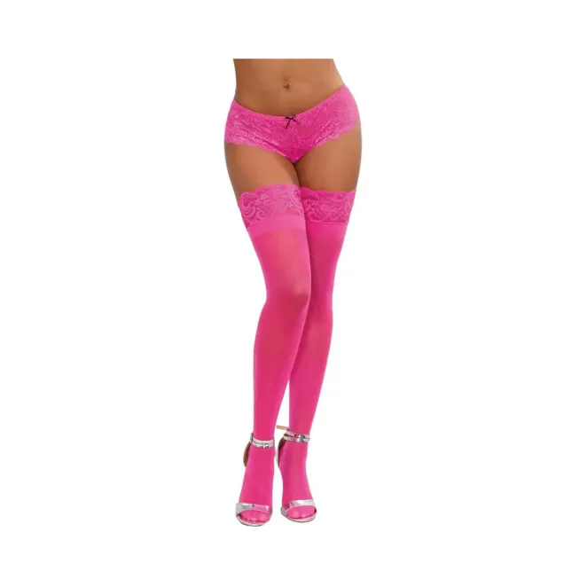 Dreamgirl Neon Pink Sheer Thigh-High Stockings With Silicone Lace Top Pink