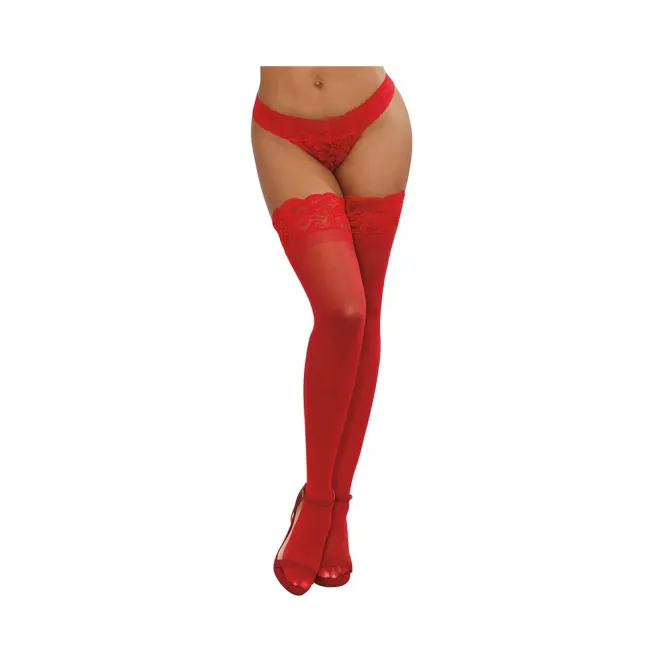 Dreamgirl Sheer Thigh-High Stockings with Silicone Lace Top Red