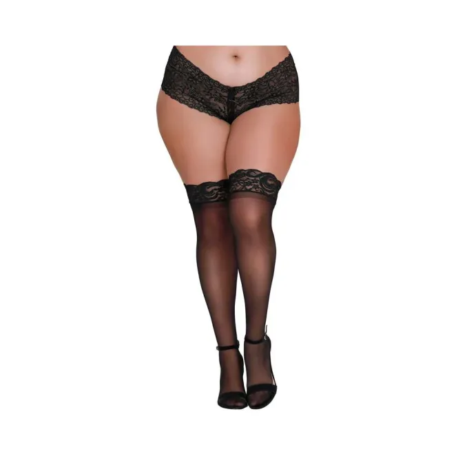 Dreamgirl Plus-Size Sheer Thigh-High Stockings With Silicone Lace Top Black
