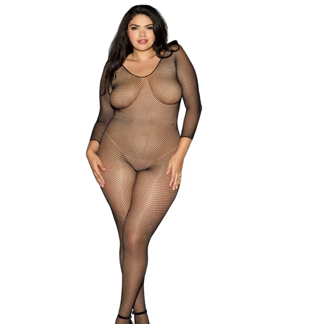 Dreamgirl Longsleeve Fishnet Plus-Size Bodystocking with Open Crotch Black