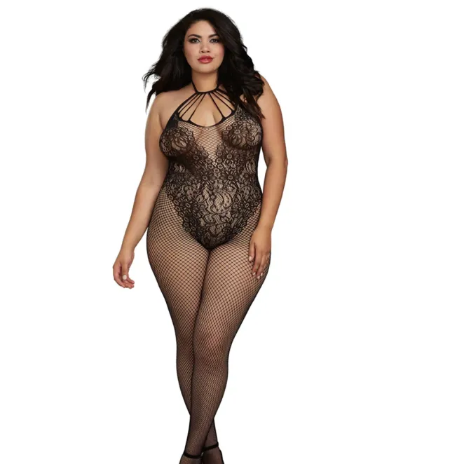 Dreamgirl Fishnet Bodystocking With Knitted Teddy Design Black