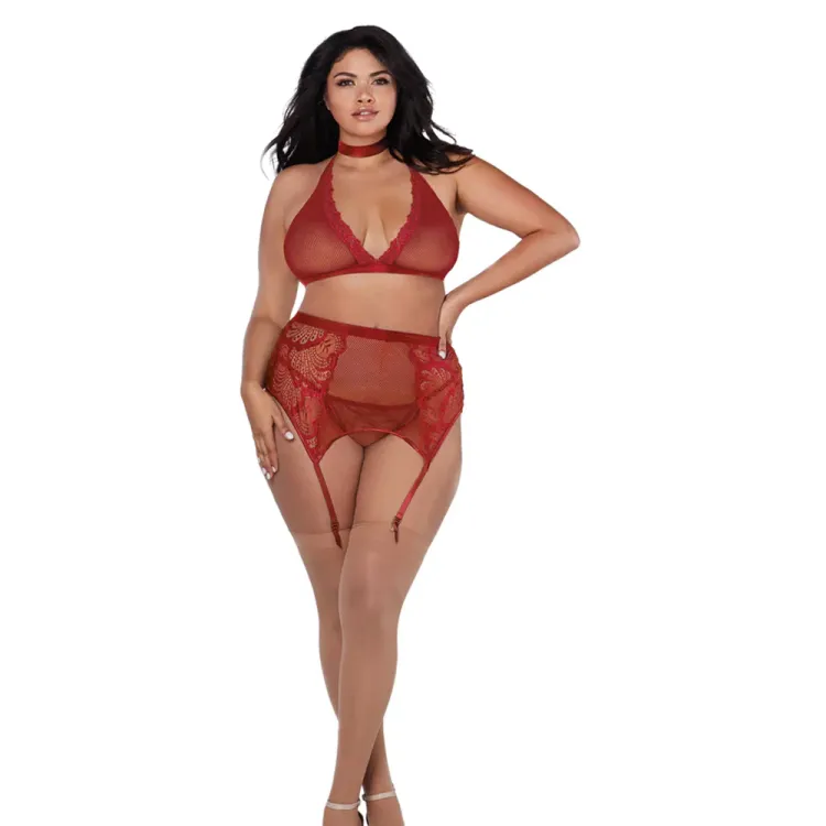 Dreamgirl Fishnet and Lace Four-Piece Set With Stretch Velvet Trim Accents Garnet Dreamgirl Fishnet and Lace Four-Piece Set With Stretch Velvet Trim Accents Garnet