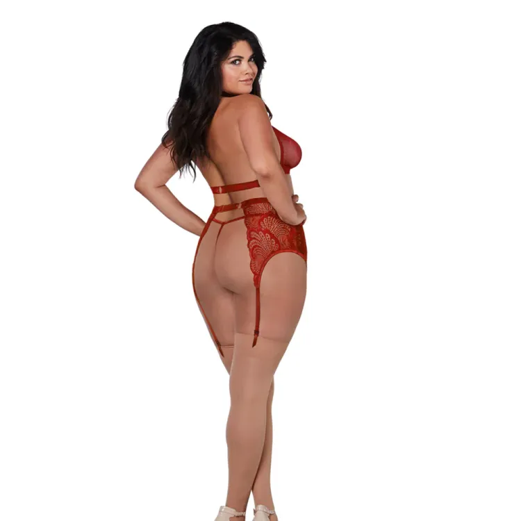 Dreamgirl Fishnet and Lace Four-Piece Set With Stretch Velvet Trim Accents Garnet Dreamgirl Fishnet and Lace Four-Piece Set With Stretch Velvet Trim Accents Garnet