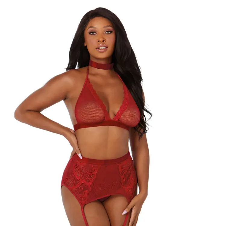 Dreamgirl Fishnet and Lace Four-Piece Set With Stretch Velvet Trim Accents Garnet Dreamgirl Fishnet and Lace Four-Piece Set With Stretch Velvet Trim Accents Garnet