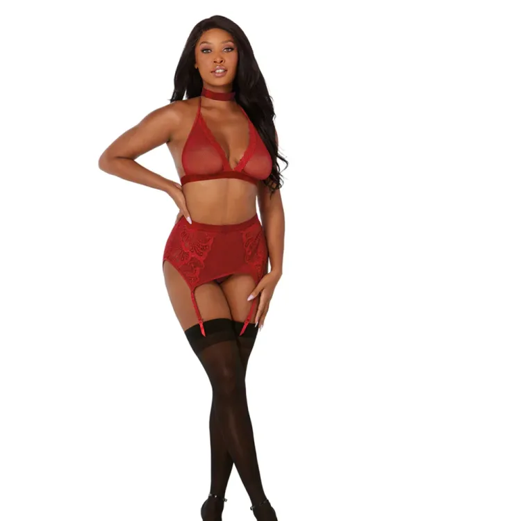 Dreamgirl Fishnet and Lace Four-Piece Set With Stretch Velvet Trim Accents Garnet Dreamgirl Fishnet and Lace Four-Piece Set With Stretch Velvet Trim Accents Garnet