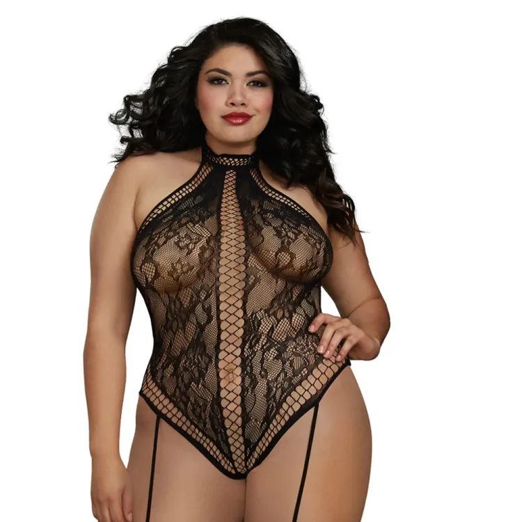 Dreamgirl Lace Teddy Bodystocking With Criss-Cross Details Black Dreamgirl Lace Teddy Bodystocking With Criss-Cross Details Black