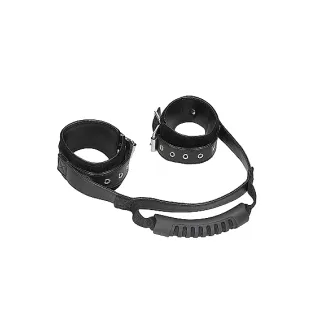 Ouch! Adjustable Bonded Leather Wrist Cuffs With Handle Black