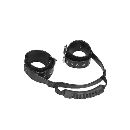 Ouch! Adjustable Bonded Leather Wrist Cuffs With Handle Black