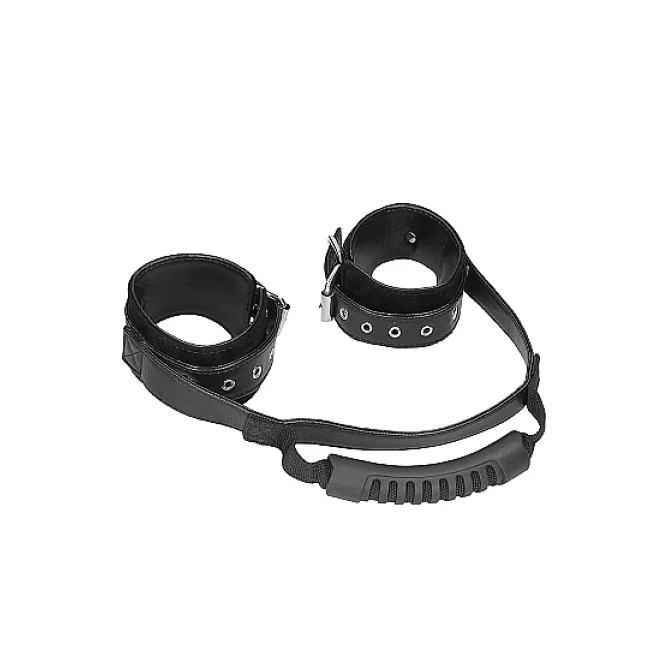 Ouch! Adjustable Bonded Leather Wrist Cuffs With Handle Black