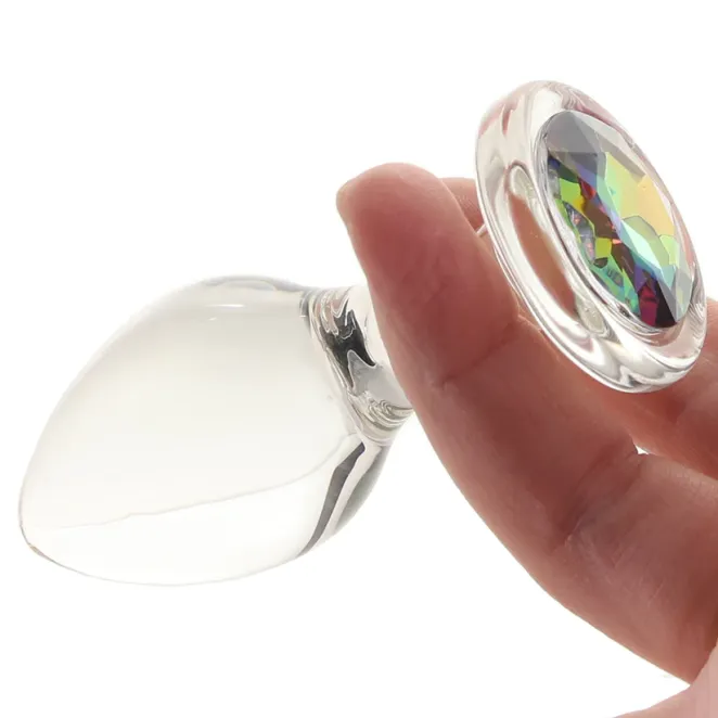 Anal Glass Butt Plug with Rainbow Gem Medium