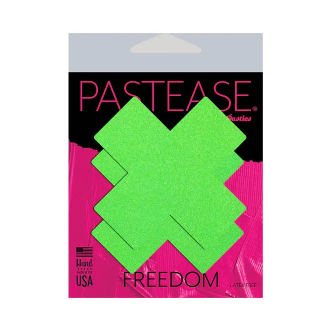 Pastease Plus X: Neon Green Day-Glow Lycra Cross Nipple Pasties (84085) | SlipDix.com