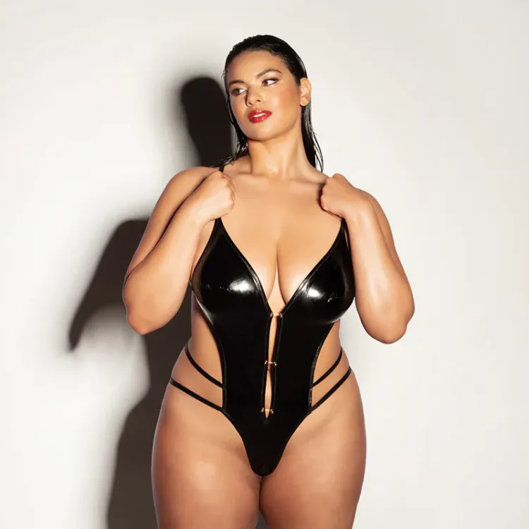 Oh La La Cheri Whipped Soft Cup Open Gusset Vinyl Teddy with Barbell Trim Oh La La Cheri Whipped Soft Cup Open Gusset Vinyl Teddy with Barbell Trim