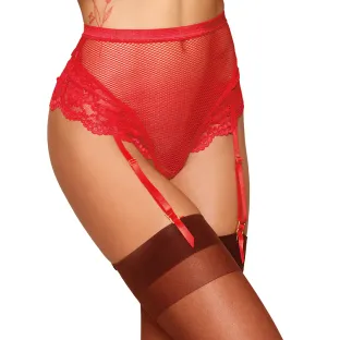 Dreamgirl High-Waisted Fishnet and Lace Garter Thong with Satin Ribbon Back Tie Ruby