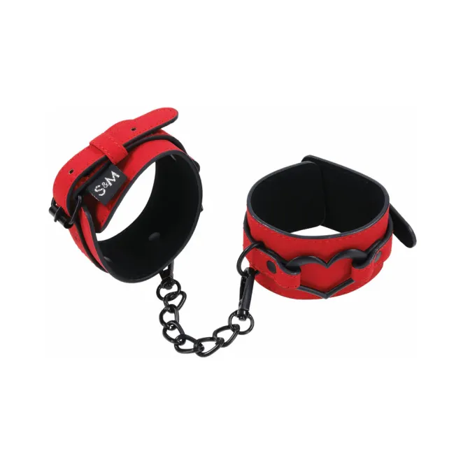 Amor Red Vegan Leather Handcuffs with Black Heart Accent