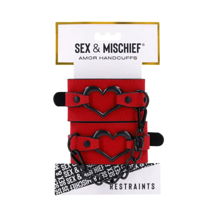 Amor Red Vegan Leather Handcuffs with Black Heart Accent