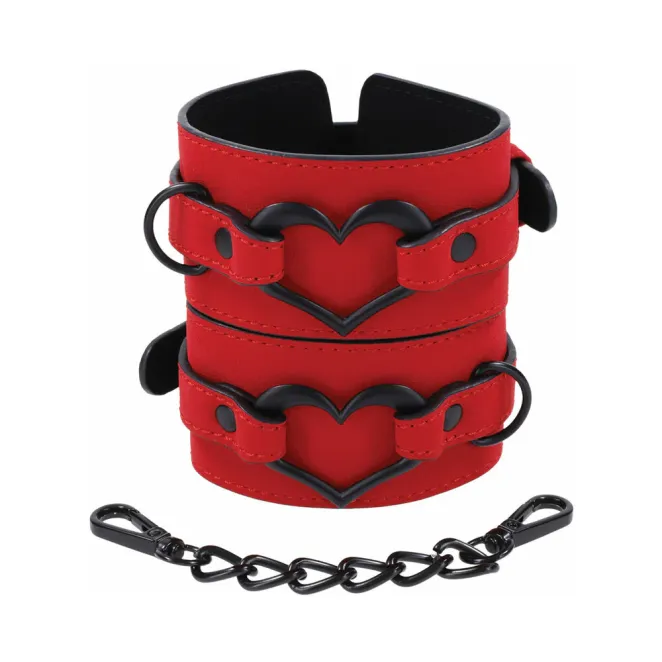 Amor Red Vegan Leather Handcuffs with Black Heart Accent