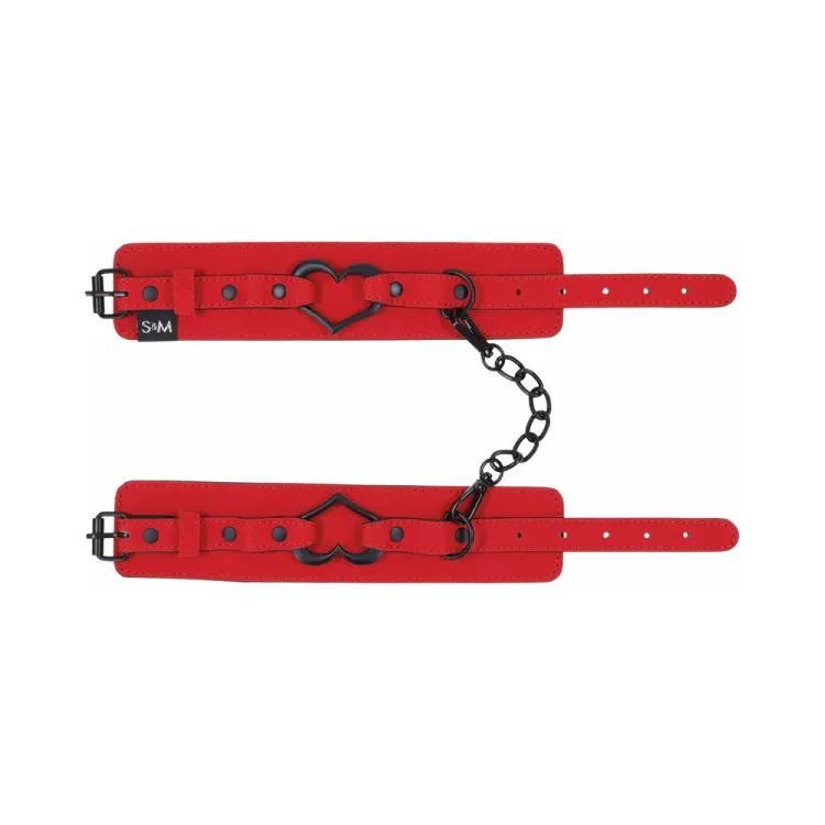 Amor Red Vegan Leather Handcuffs with Black Heart Accent