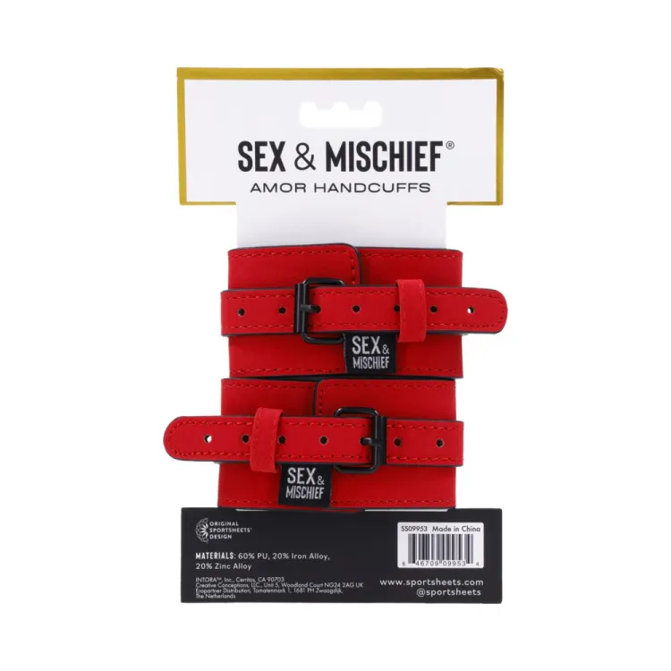 Amor Red Vegan Leather Handcuffs with Black Heart Accent