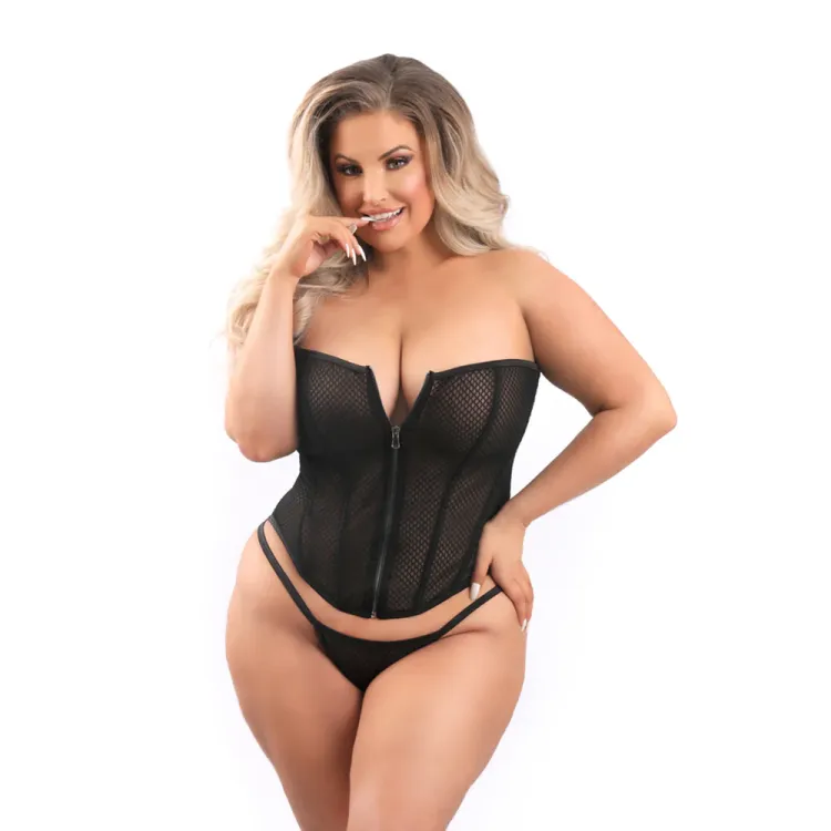 Fantasy Lingerie Mesh Corset with Zipper Front & G-String Fantasy Lingerie Mesh Corset with Zipper Front & G-String