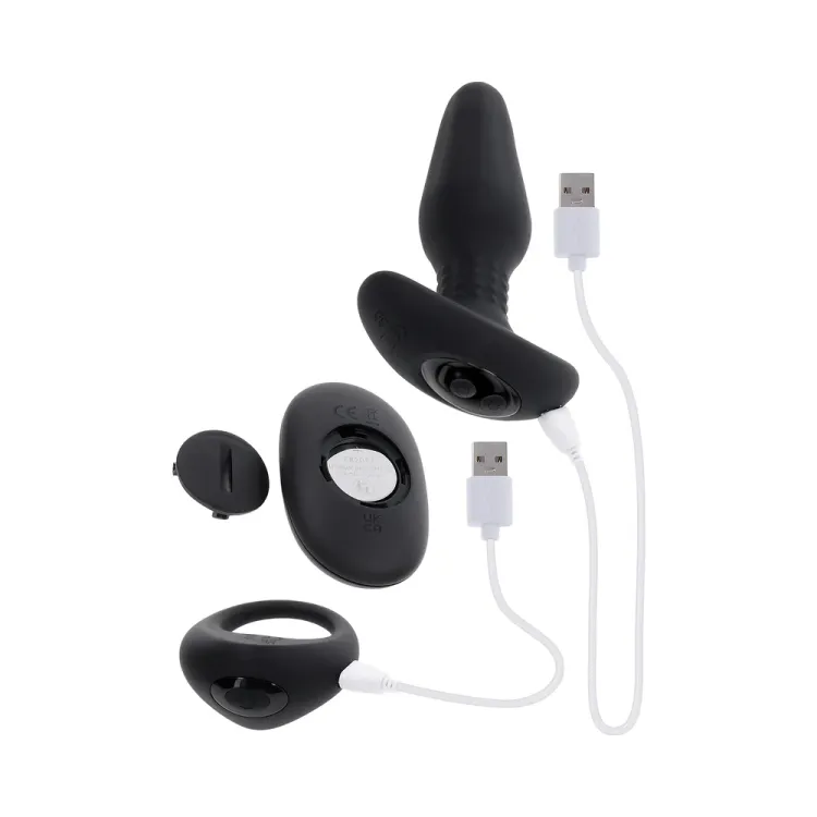 Teamwork Vibrating Anal Plug & Cock Ring Set with Remote Black Teamwork Vibrating Anal Plug & Cock Ring Set with Remote Black