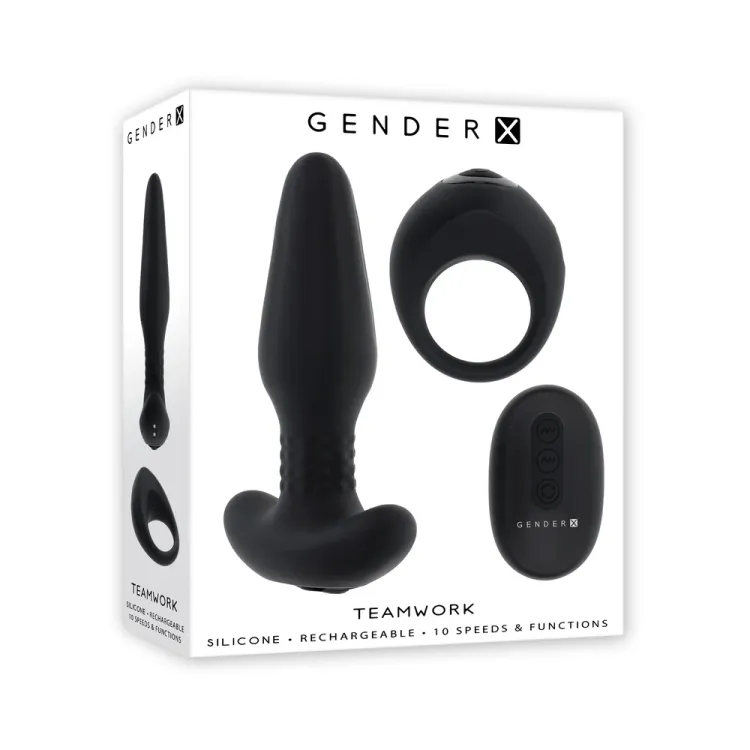 Teamwork Vibrating Anal Plug & Cock Ring Set with Remote Black Teamwork Vibrating Anal Plug & Cock Ring Set with Remote Black