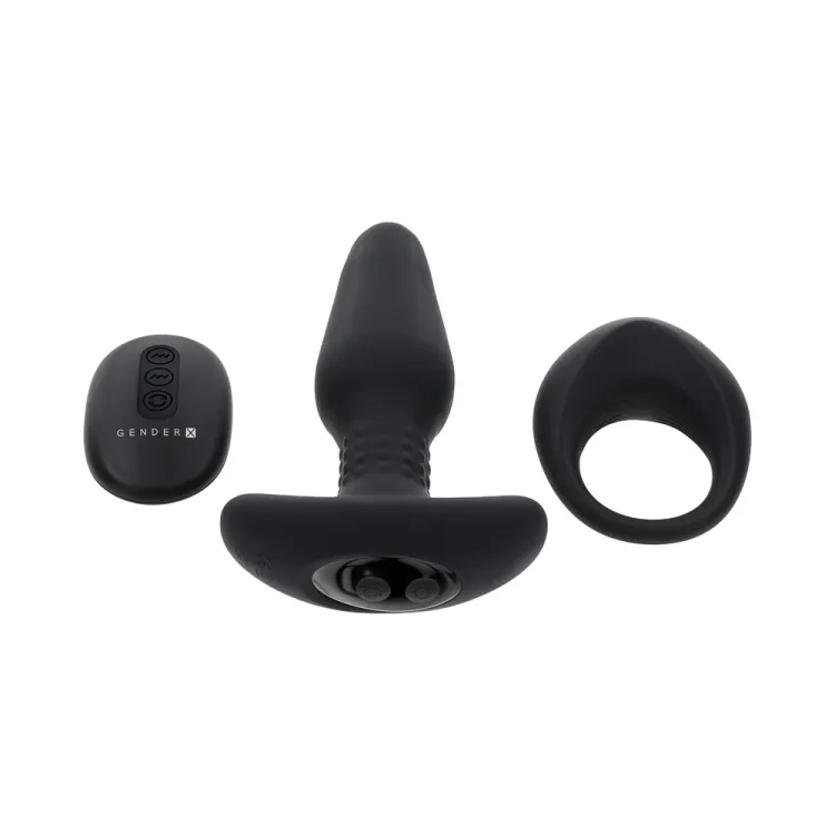 Teamwork Vibrating Anal Plug & Cock Ring Set with Remote Black Teamwork Vibrating Anal Plug & Cock Ring Set with Remote Black